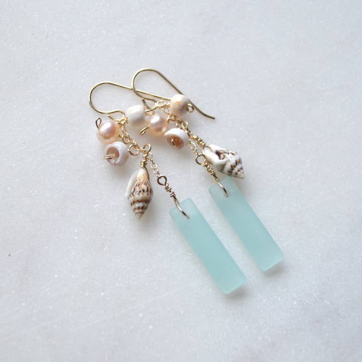 Salty But Sweet - Wholesale Dangle Earrings - Dangling Frosted Glass & Shell Earrings
