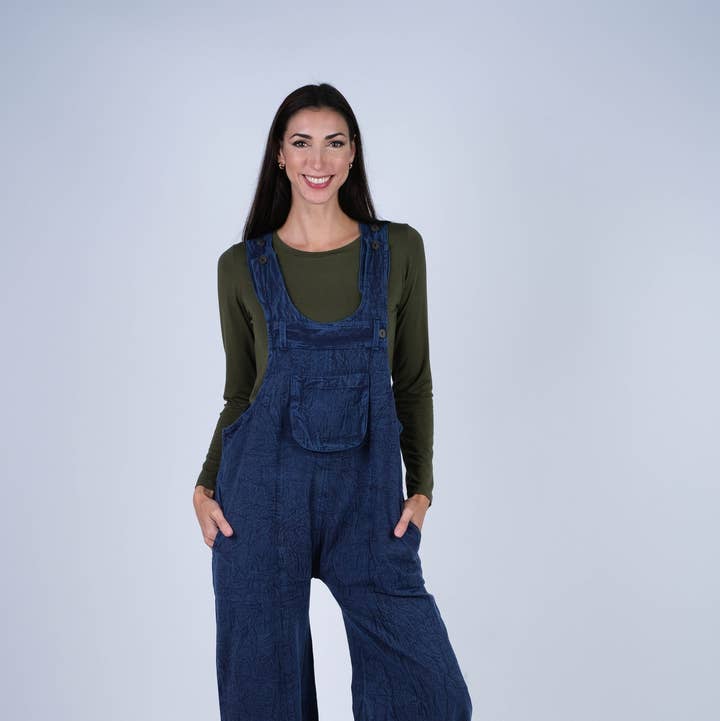 Textured Stone-Washed Cotton Overalls Cuffed Bottoms for wholesale by Sacred Threads