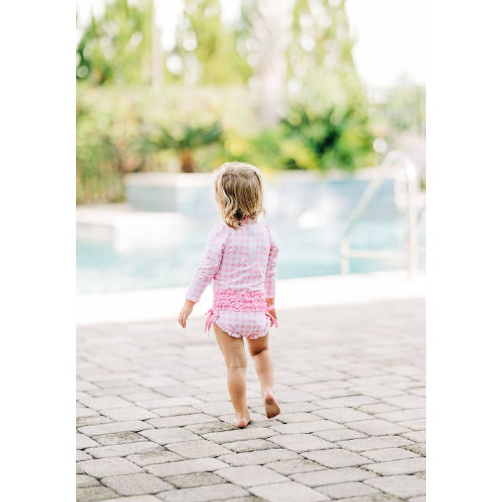 Sugar Bee Clothing - Wholesale One Piece Swimsuit - Kids - Girls Swimsuit - Ruffle Bottom - Pink Gingham1