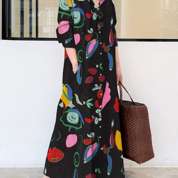 Long Sleeves Loose Buttoned Pockets Printed Lapel Maxi Dresses Shirt Dress for wholesale by Sheer Trend