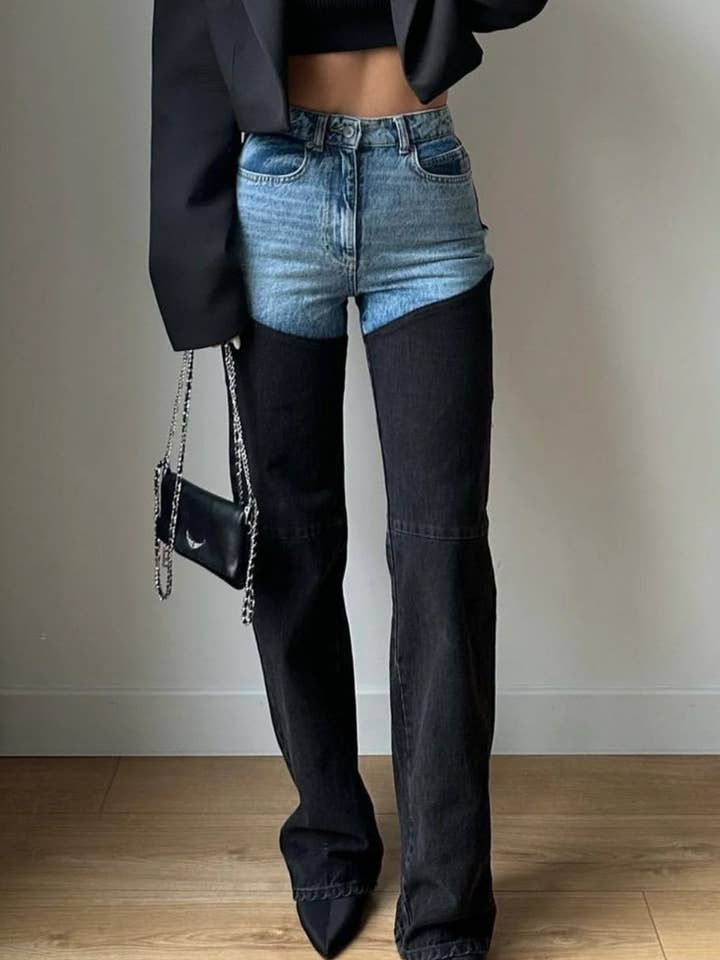 Color Block Splicing Straight Jeans DP25B813 for wholesale by Dipped Shop