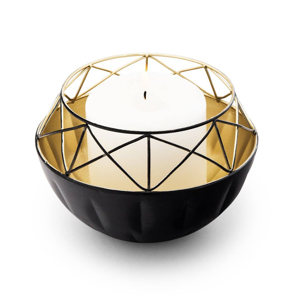 Weddingstar Inc. - Wholesale Candle holder - Short Round Geo Metal Candle Holder - Black With Gold