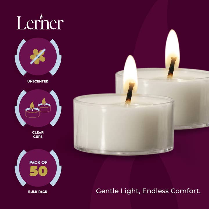 BOLSIUS - Vendita all'ingrosso Candele a lumino - Candele Tealight Trasparenti Lerner, Confezione da 50 | 8 Ore di Durata5