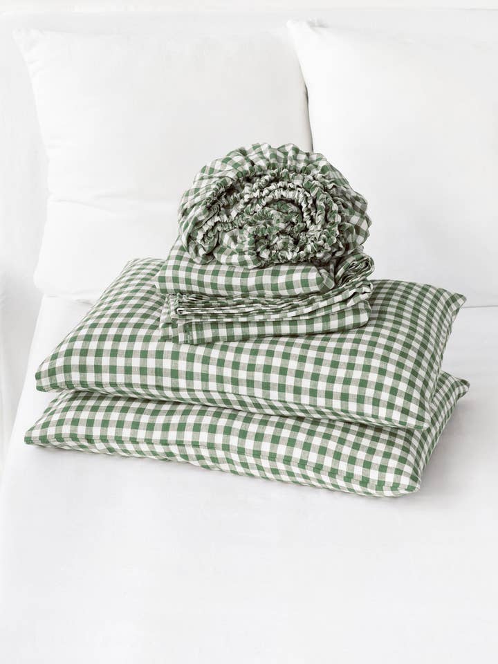 Set di lenzuola in lino a quadretti verde foresta (4 pezzi) Set da letto per la vendita all'ingrosso da parte di MagicLinen (We handle U.S. import procedures for you)