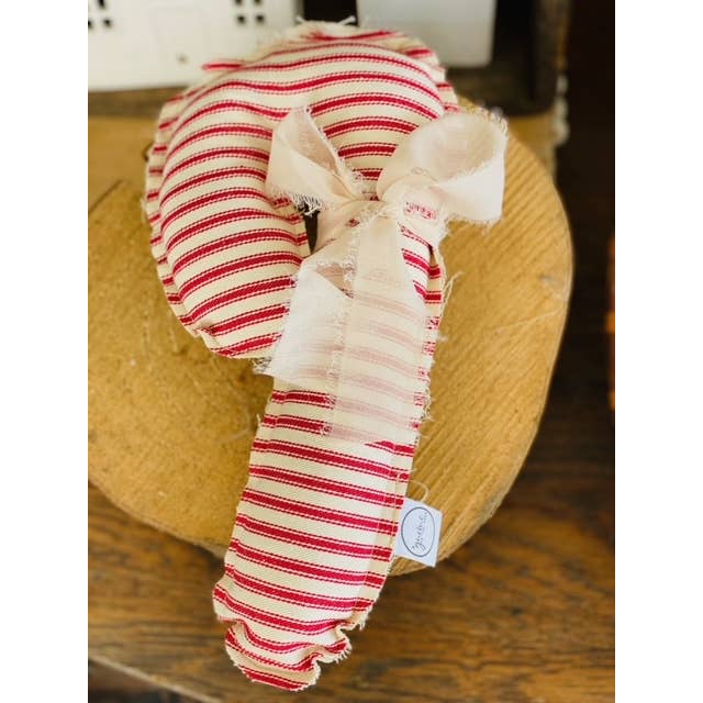 A Gnome on the Roam - Wholesale Christmas Decoration - Fabric Candy Canes in red and white ticking and ribbon4
