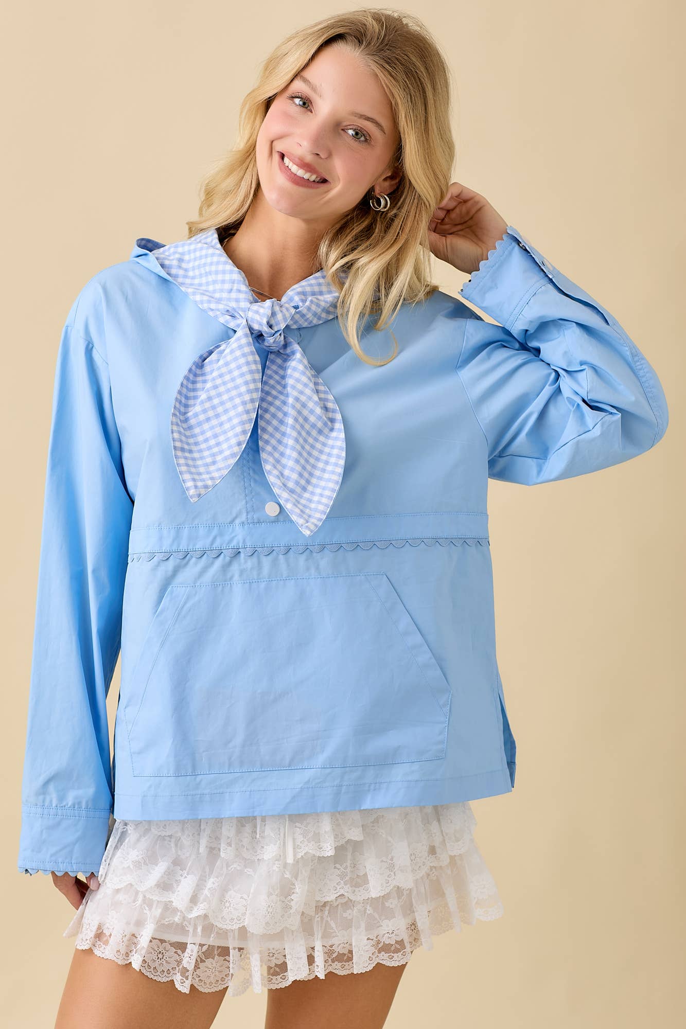 Main Strip - Wholesale Windbreaker - Women's - Windbreaker Jacket With Hoodie And Neck Tie Detail5