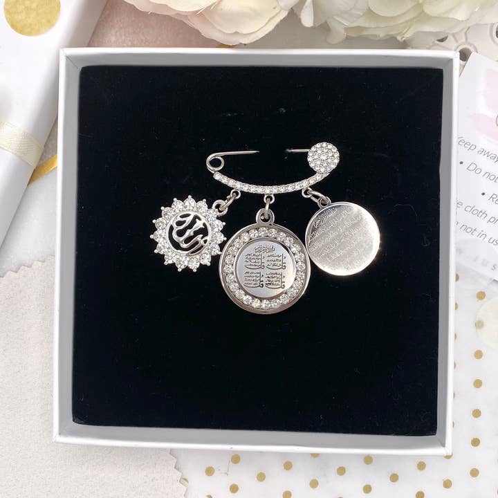 Neutral Crystal Silver Diamante Personalised 4 Qul, Ayatul Kursi & Crystal Allah Mini Pin - Gender Neutral, Unisex. for wholesale by Just For Bubba