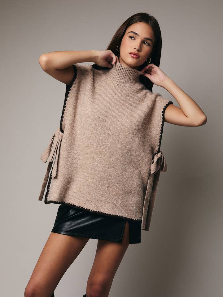 TAUPE MOCK NECK STITCH DETAIL SIDE TIED VEST for wholesale on Faire0