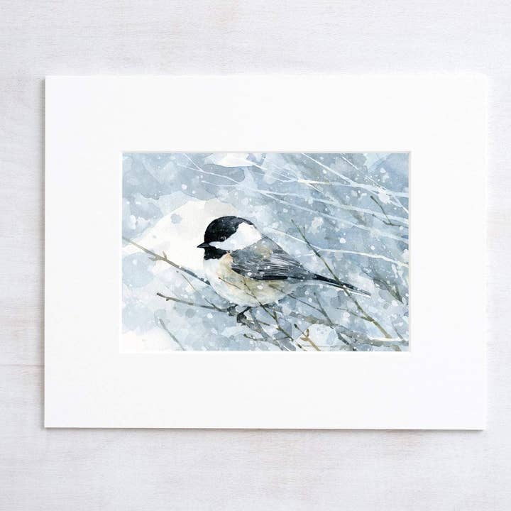 Chickadee in Snow Watercolor Art Print, Bird Painting for wholesale by Studio Tuesday