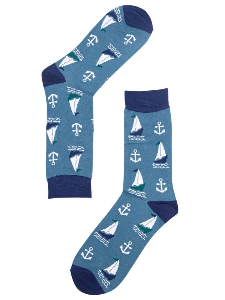 Sock Talk - Wholesale Socks - Men's - Mens Bamboo Socks Nautical Socks Sailing Boats Anchors Blue