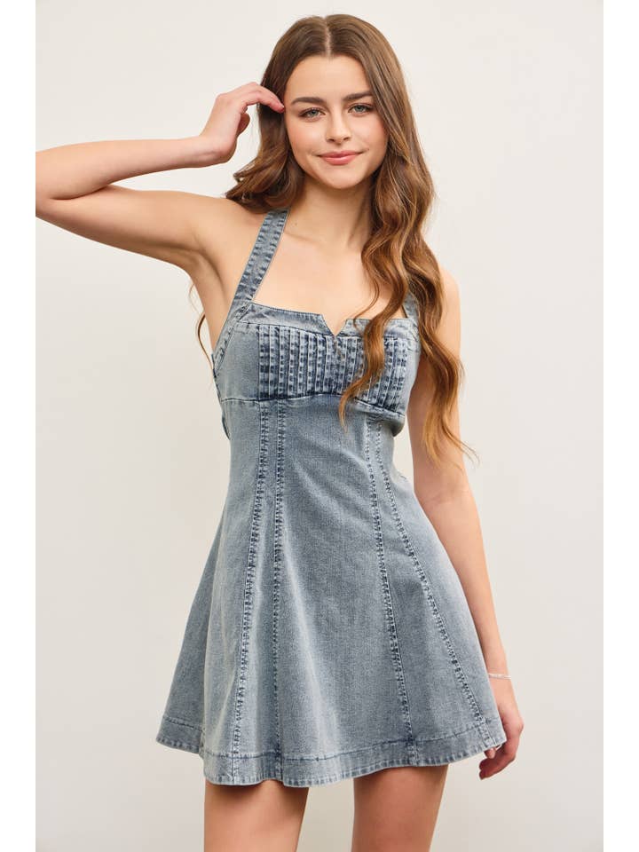 TIED HALTER NECK FLARE DENIM DRESS for wholesale on Faire