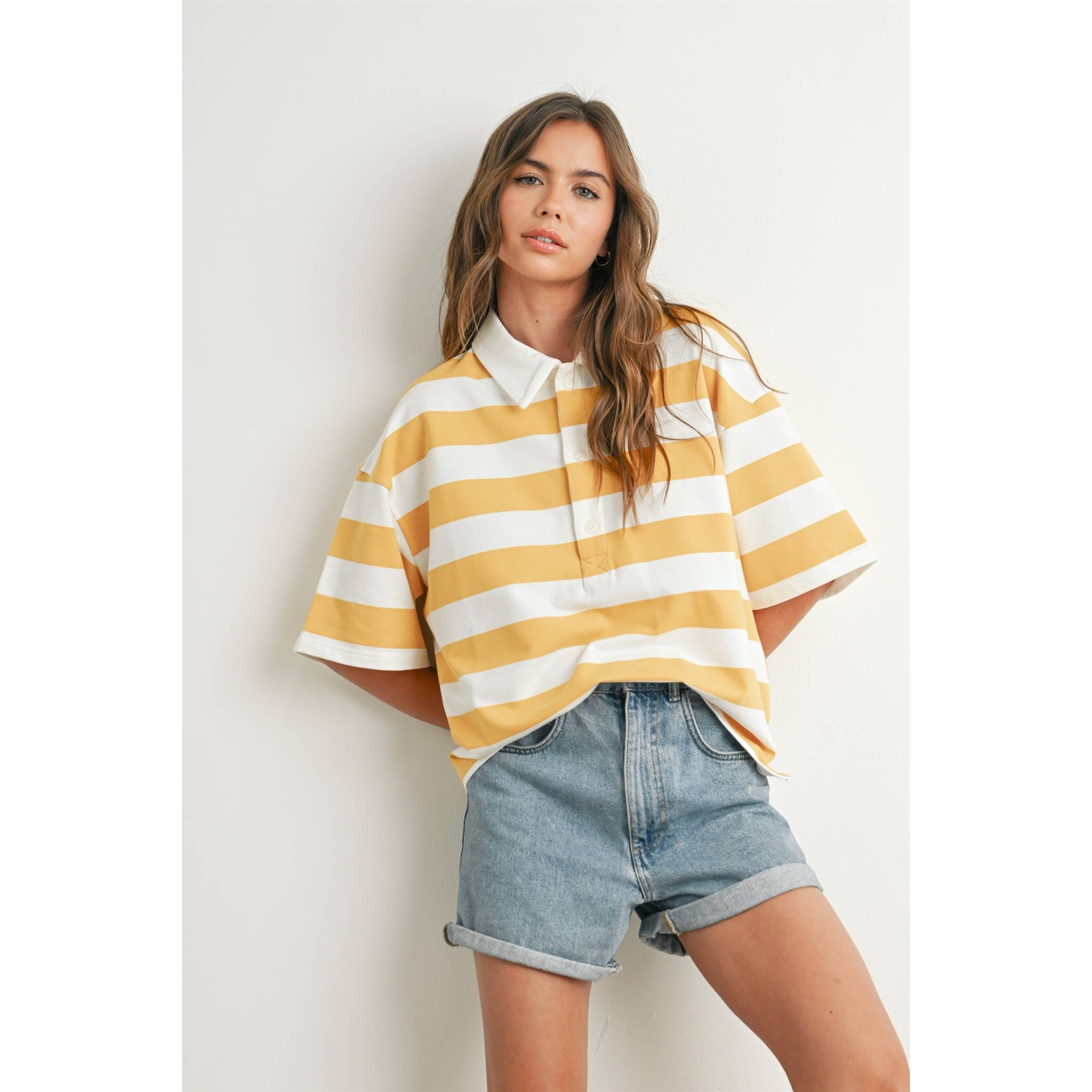 BUTTERMELON - Wholesale Polo - Women's - Striped Oversized Polo Shirt - BMT771018