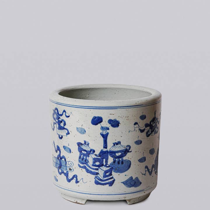 Blue and White Porcelain Treasures Footed Cachepot for wholesale by Cobalt Guild