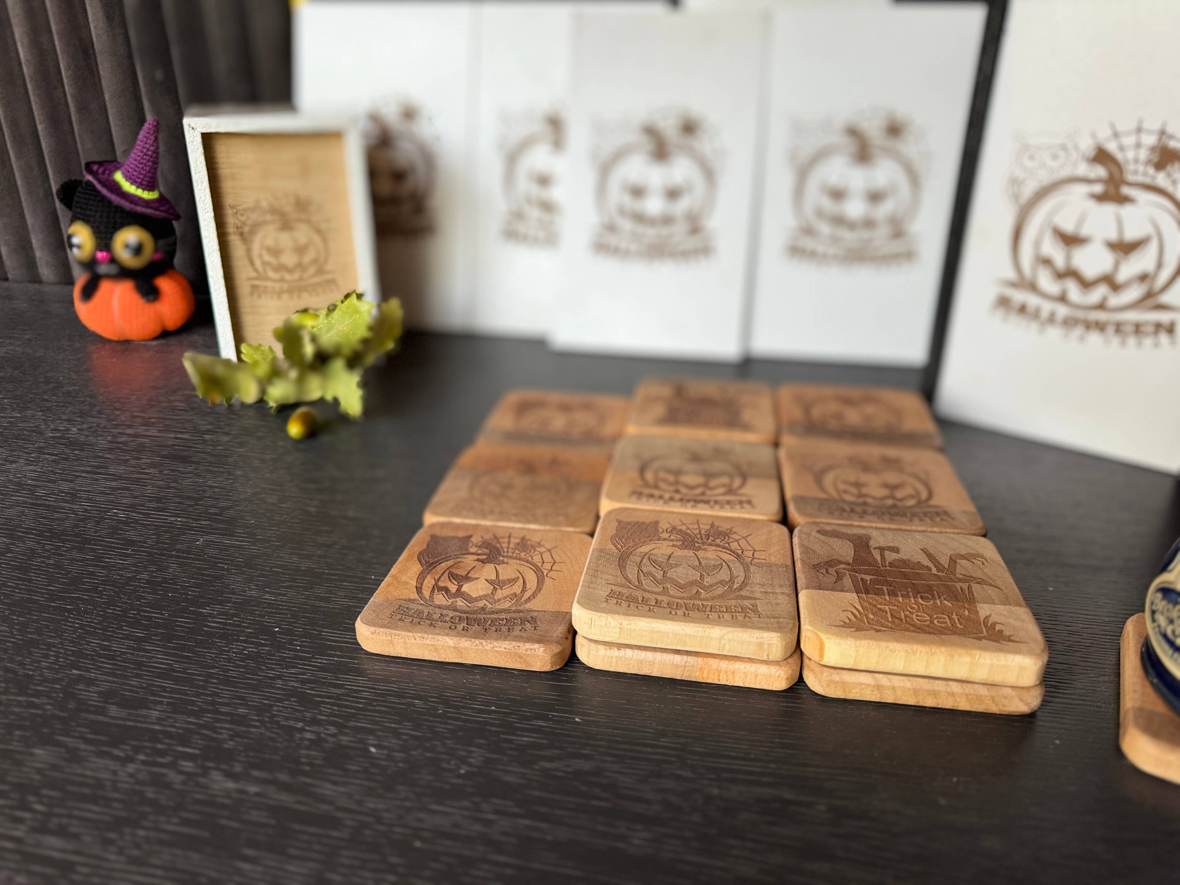 WoodCraftHaven - Vente Sous-verre - Sous-verres en bois pour Halloween 3,2 po L 0,3 po H 6
