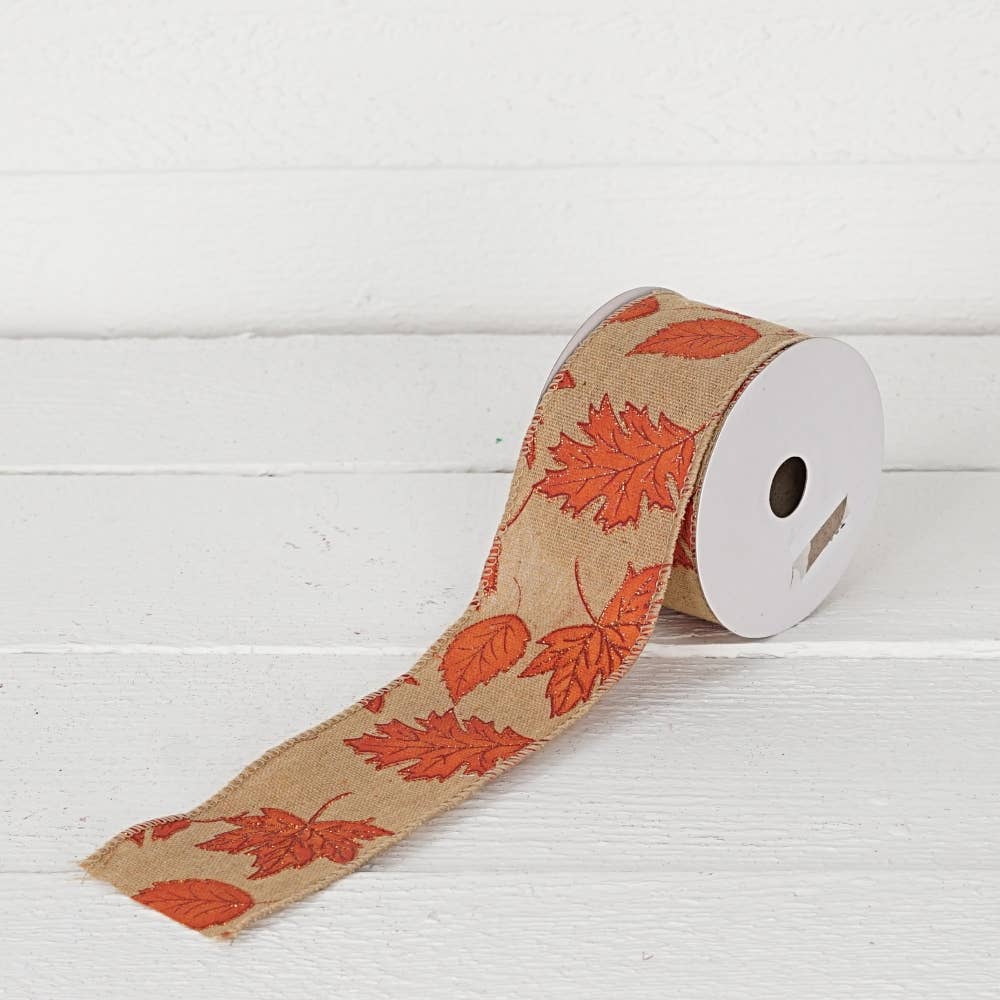 Impressive Enterprises, Inc. - Wholesale Ribbon - Gift Wrapping - R32911-Wired Ribbon-Burlap with Fall Leaves  (2.5inW)1