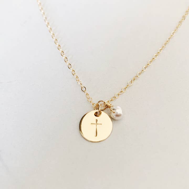 Gold Cross Necklace with pearl - Graduation / Birthday gift for wholesale by Aden + Claire Jewelry