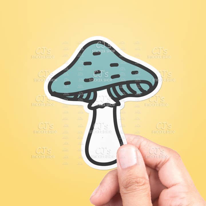 Adesivo in vinile a forma di fungo blu per la vendita all'ingrosso da parte di CJ's Sticker Shop