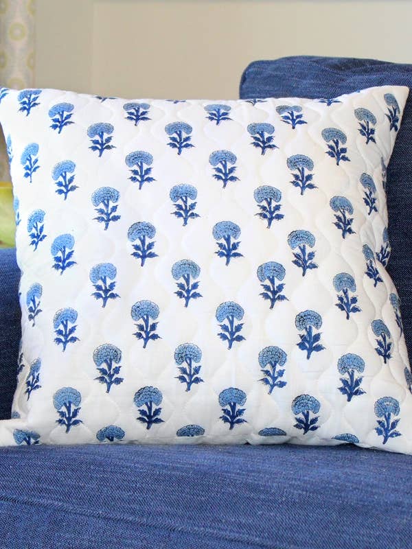 Blue Floral Quilted Throw Pillow Cover for wholesale by Little Elephant