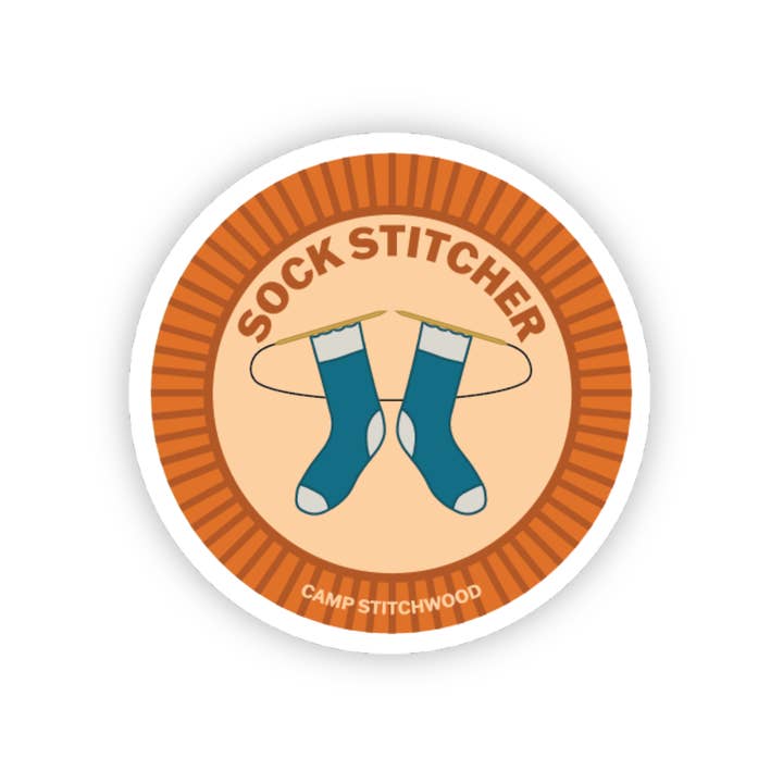 Camp Stitchwood - Wholesale Sticker - Sock Stitcher Badge Sticker