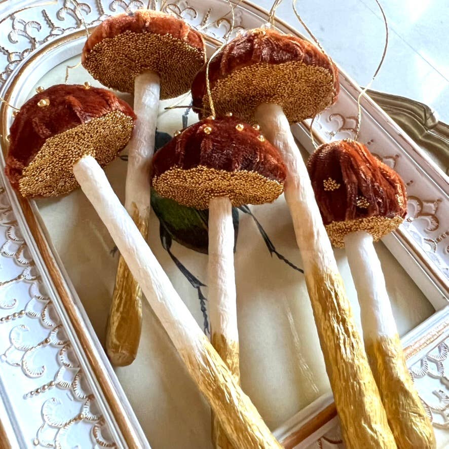 Wonder Objects - Wholesale Ornament - Sienna Velvet Mushroom Ornaments with Crystals and Beads2