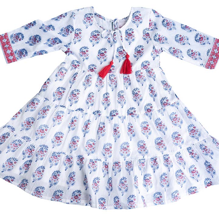 Ava Block Print Tassel Kids Dress for wholesale by Cheeni Clothing