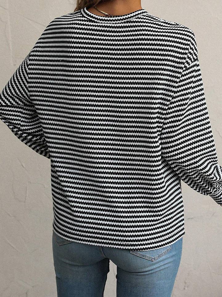 Lovesoft - Wholesale Knit Top - Women's - Stripe Round Neck Drop Shoulder Long Sleeve Top