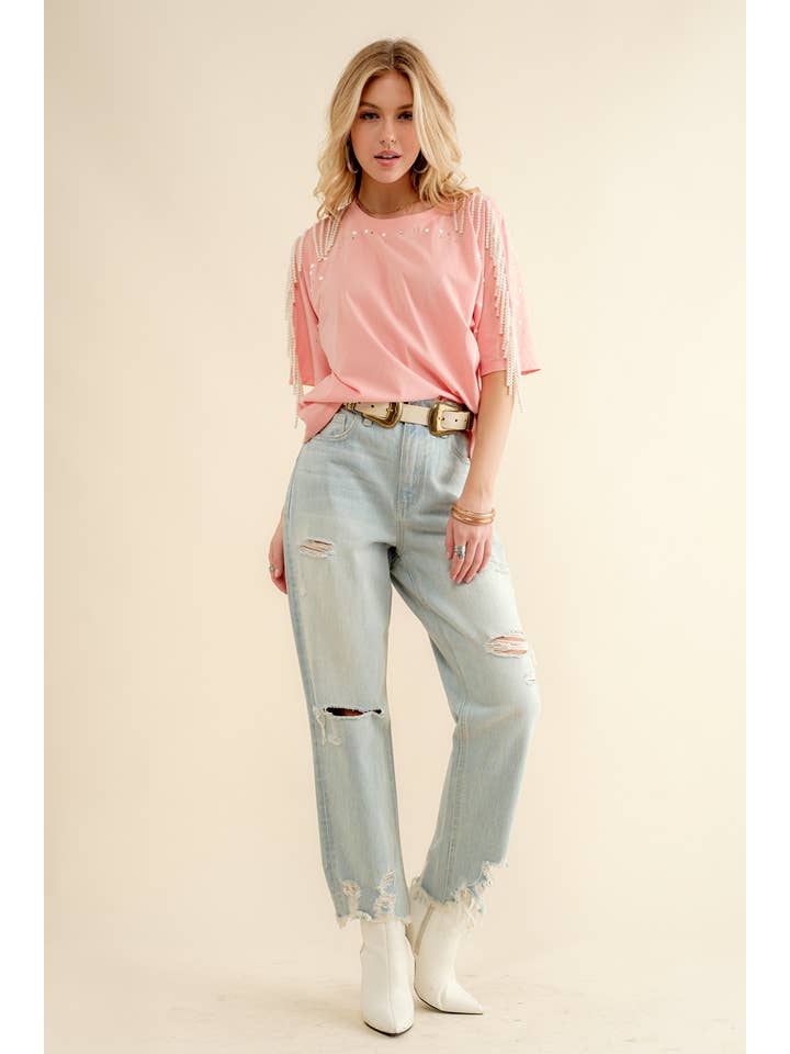 Blue B - Wholesale T-Shirt - Women's - 22610T - Pearl Fringe Shoulder T Shirt