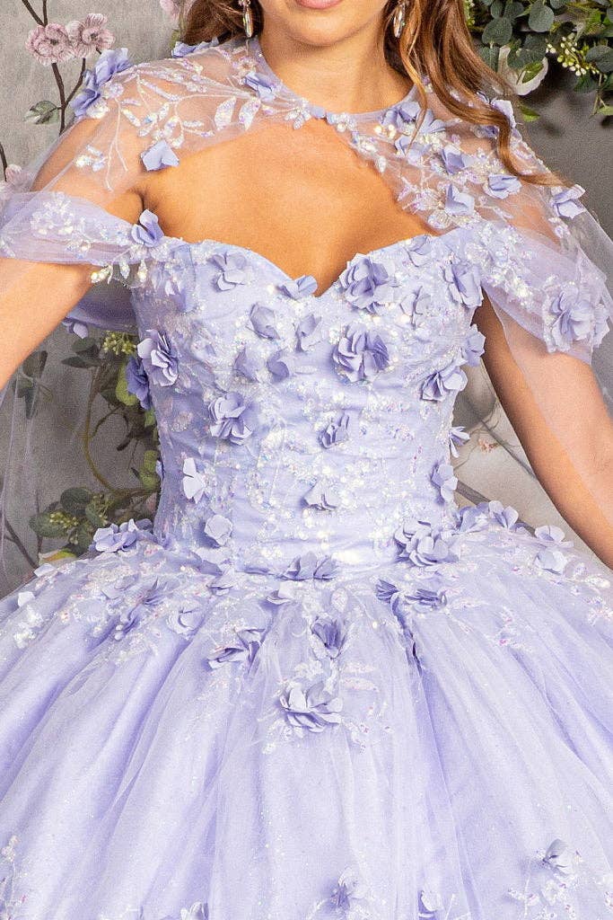 Tux-USA® - Vente Robe de soirée – femme - Robe de Quinceañera en maille avec application florale 3D pailletée et cape longue en tulle5