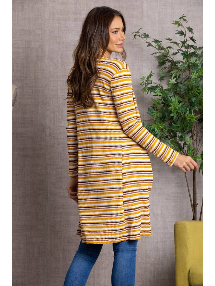 SENAPE CARDIGAN LUNGO IN MAGLIA CON APERTURA FRONTALE A RIGHE SENAPE - L4642 in vendita all'ingrosso su Faire
