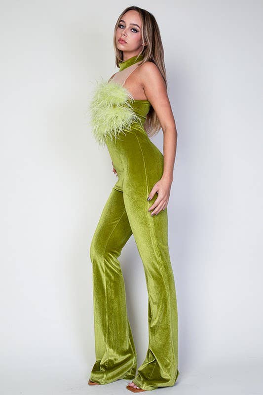 Chartreuse Ostrich Fur And Mesh Contrast Velvet Jumpsuit for wholesale on Faire1