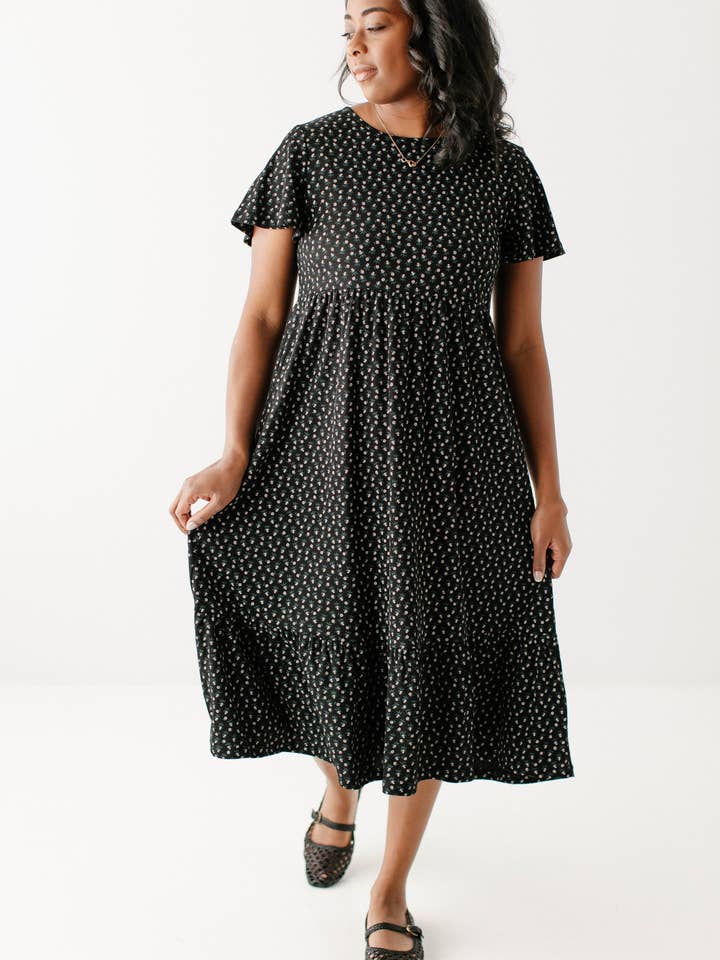 'Shiloh' Floral Ribbed Tiered Midi Dress for wholesale by The Main Street Exchange