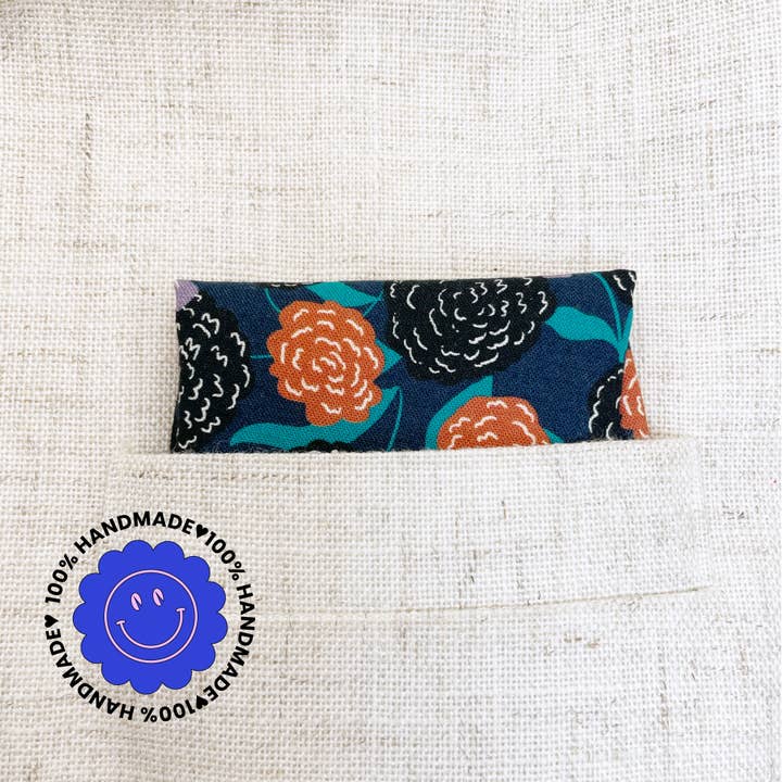 Navy Blue Floral Pocket Square, Orange Flowers Handkerchief for wholesale by ELSE