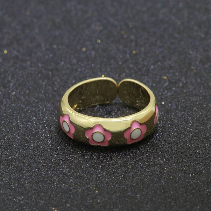 Aim Eternal – Anel de banda por atacado – Anel Ajustável Aberto com Margarida Dourada em Esmalte Joalharia Minimalista Empilhável Anel Midi S-021 ~ S-03022