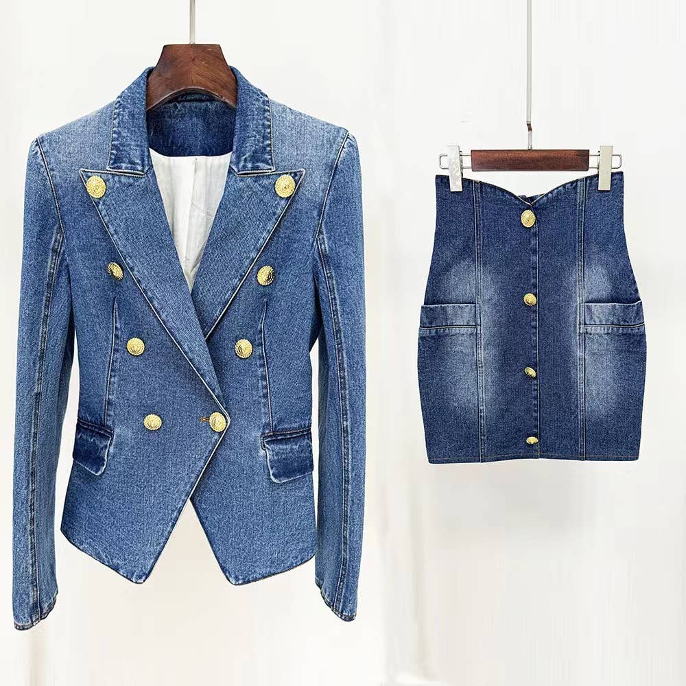 Azul Conjunto elegante de saia e blazer justos de denim para venda a revendedores na Faire1