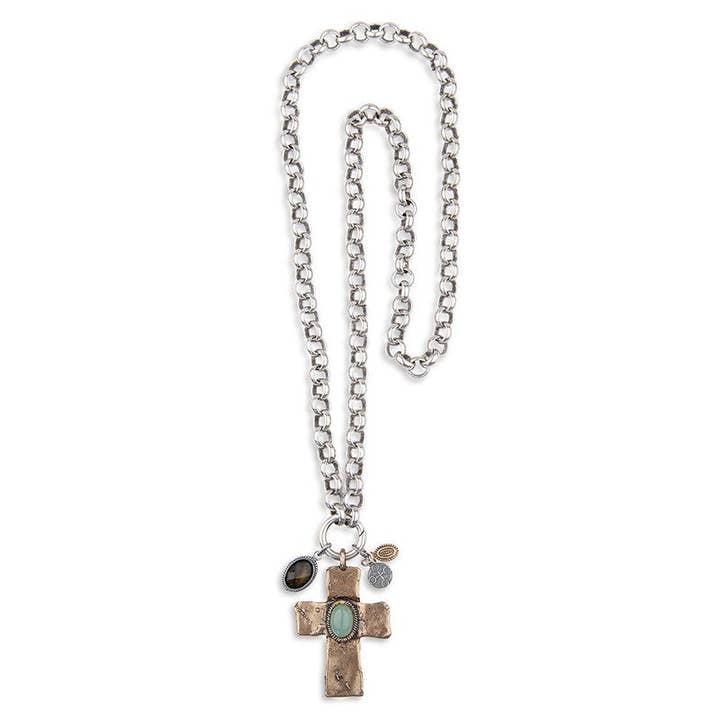 Collier plaqué en argent 925 avec pendentif croix en bronze et pierres pour la vente par PLATADEPALO