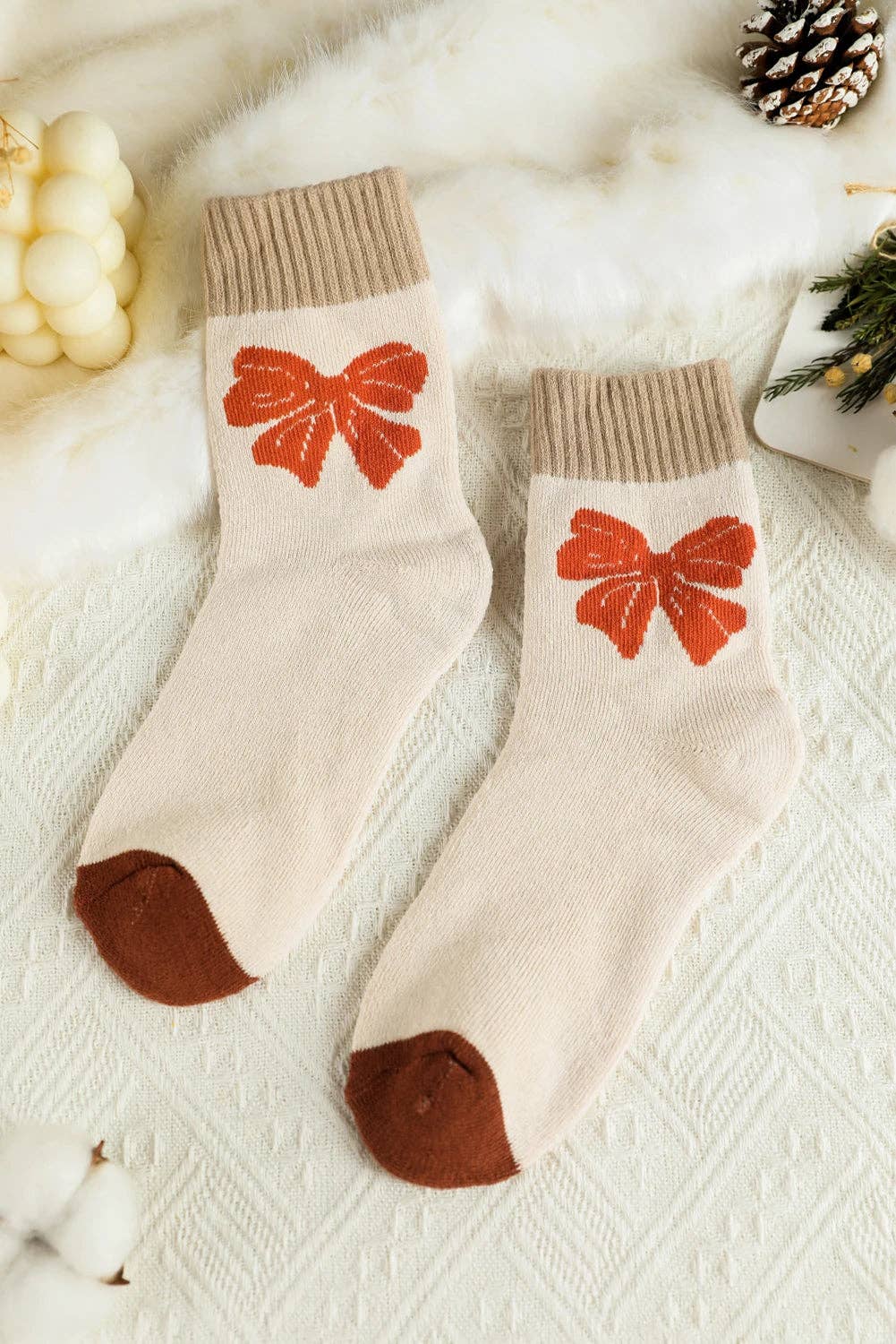 Khaki Bow Printed Color Block Knit Womens Socks for wholesale on Faire1