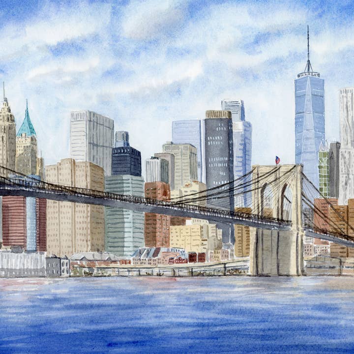 Pintalustika - Joyful Urban Illustrations - Wholesale Art Print - New York City Skyline Art Print - Brooklyn Bridge Painting 1