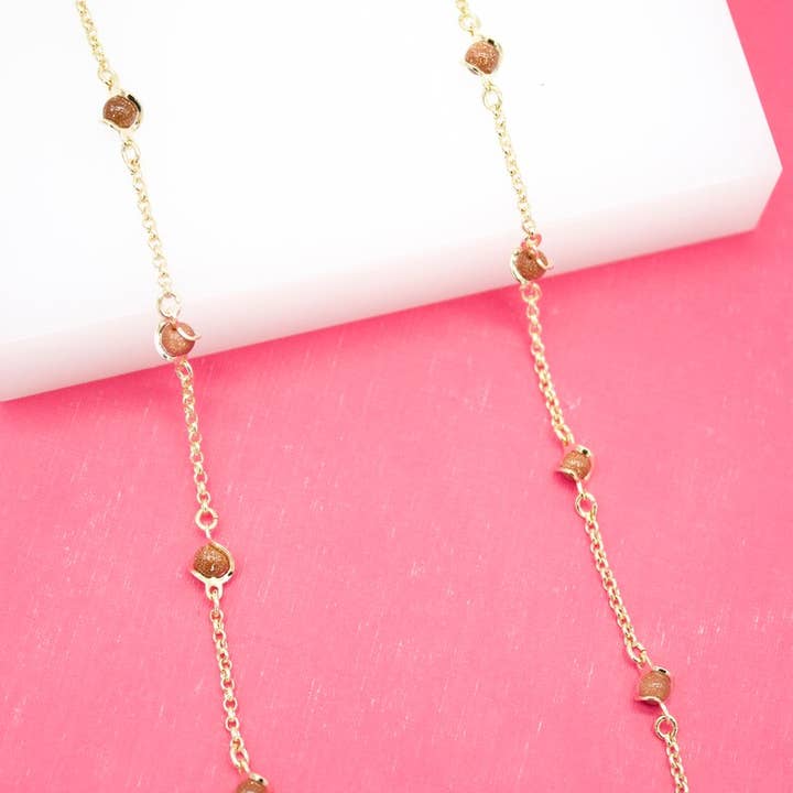 18K Gold Filled 5mm Designed Brown Aventurine Bead Necklace for wholesale by MIA Jewelry