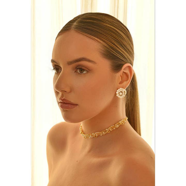 Lavish By Tricia Milaneze – wholesale Stud/post earrings – Pearl & Gold Ava Post Handmade Crochet Earrings1