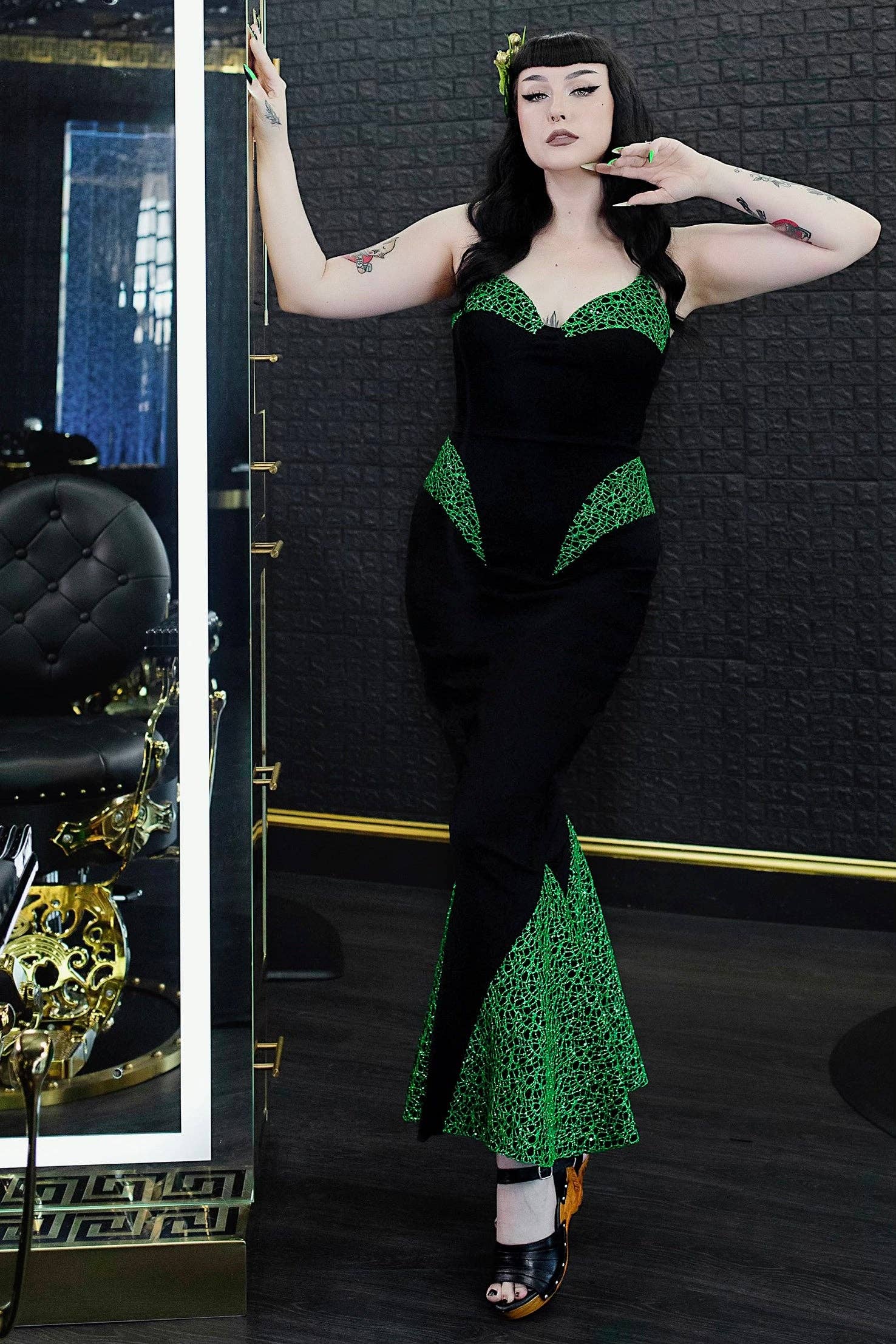 Weasel Wear - Wholesale Gown - Women's - Creature Sparkle Dress in Green - Glitter Net Mermaid Dress with Structured Neckline & Seaweed Sparkle Overlay (Siren of the Swamp Edition)1