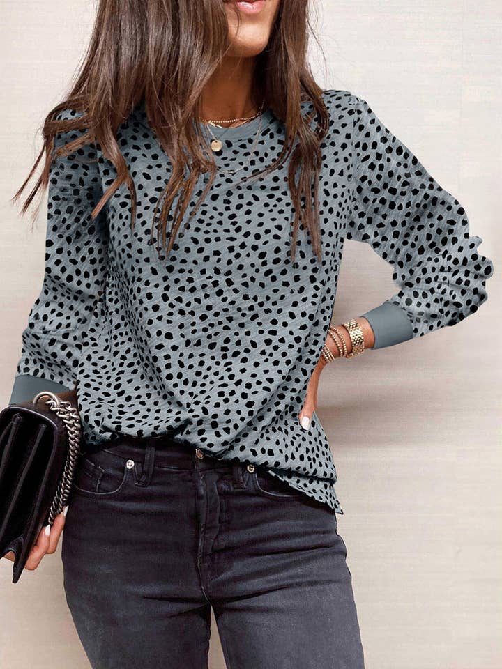 FULL TIME PURCHASE - Wholesale Blouse - Women's - Animal Spotted Print Round Neck Long Sleeve Top