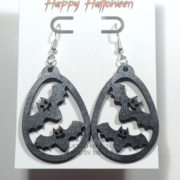 Wooden Halloween Bats Earrings - Handmade in Devon for wholesale by Devon Fox