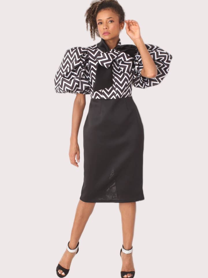 Puff Sleeve Zigzag Dress -81951 for wholesale by For Her NYC