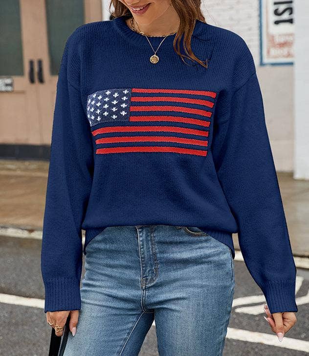 Rosa Clothing - Wholesale Knit Sweater - Women's - USA American Flag Jacquard Slim Knitted Pullover Sweater4