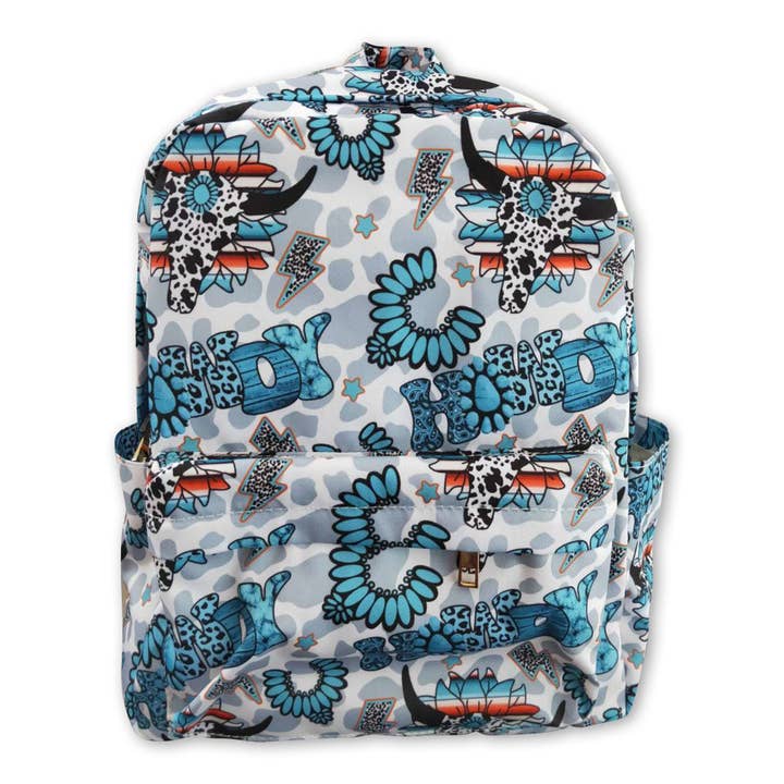 Howdy turquoise bull skull kids western backpack for wholesale by Yawoo Garments