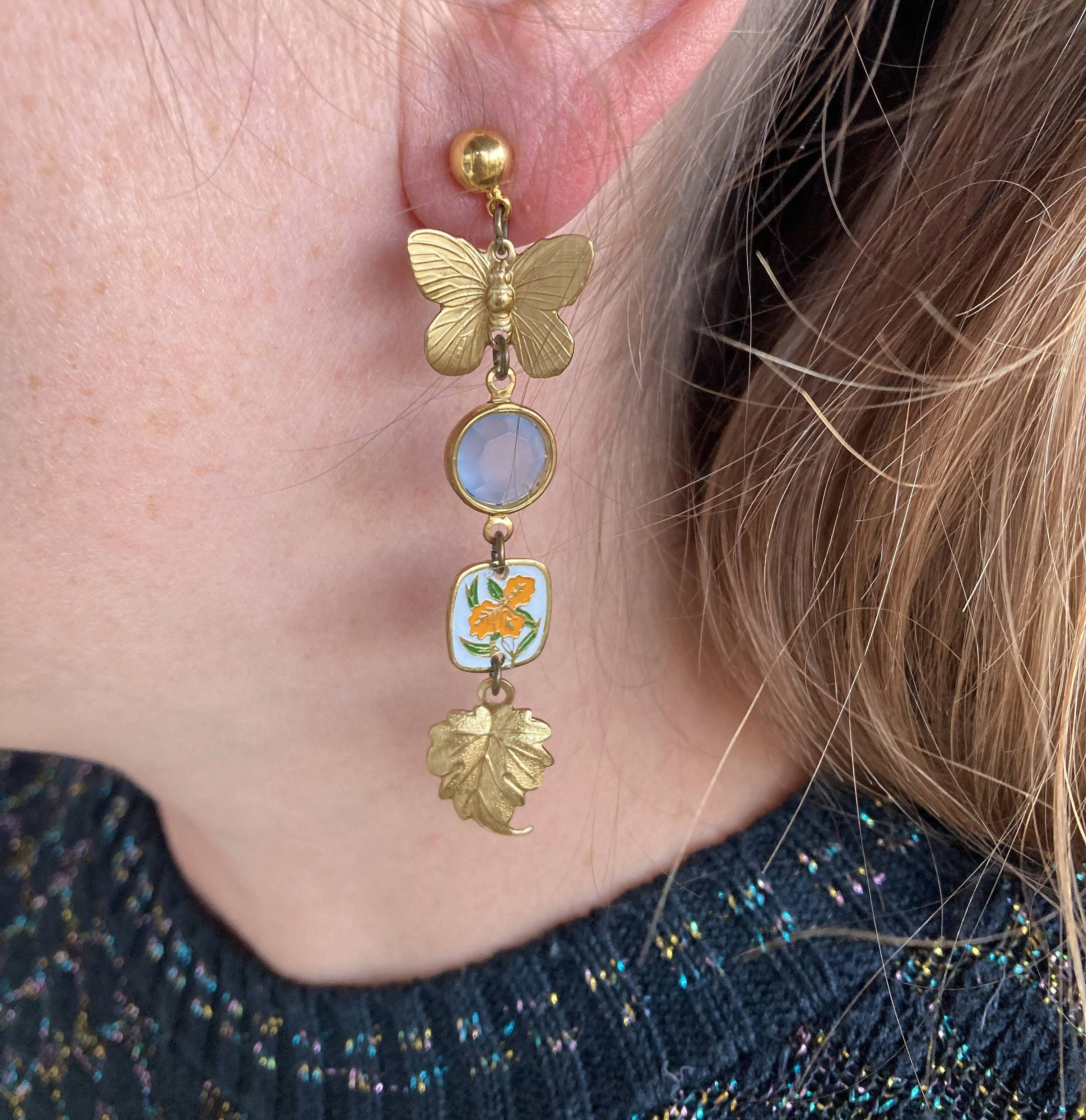 Poor Sparrow - Wholesale Dangle Earrings - Nature Study Brass & Crystal Charm Earrings2