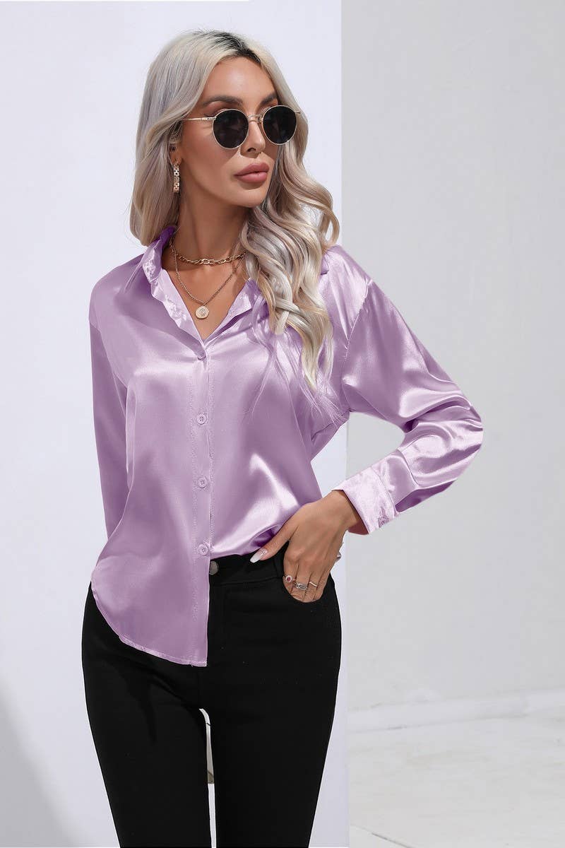 NINEXIS - Wholesale Button Down Shirt - Women's - CWTBLL0690_Button Down Silky Satin Long Sleeve Top18