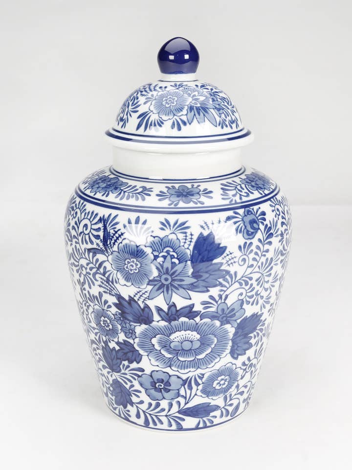 Blue and White Floral Ginger Jar - Delft Style Design for wholesale by AA Importing