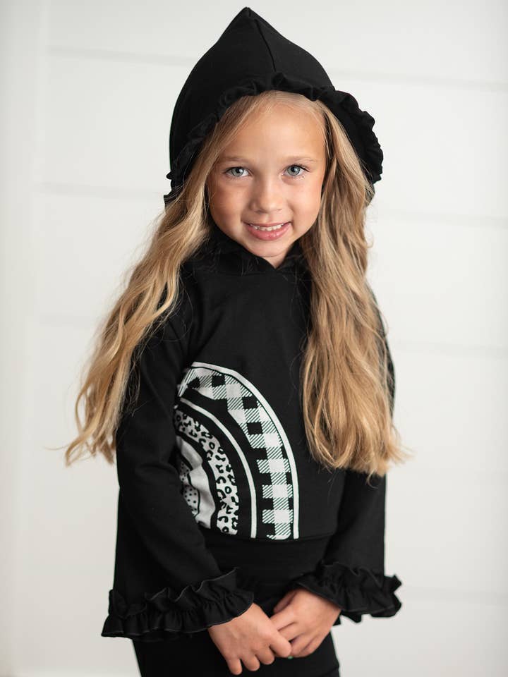 Oopsie Daisy - Wholesale Top & Pant Set - Kids - Kids Black & White Rainbow Check Hooded Ruffle Pocket Set