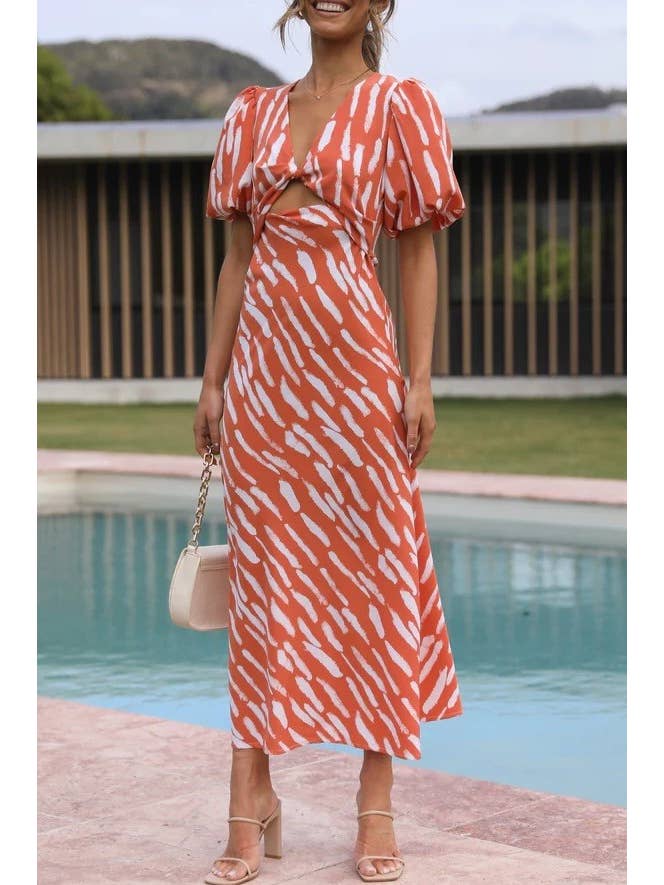 Rosa Clothing - Wholesale Dress - Women's - zebra print plunge twist front cutout puff sleeve dress6